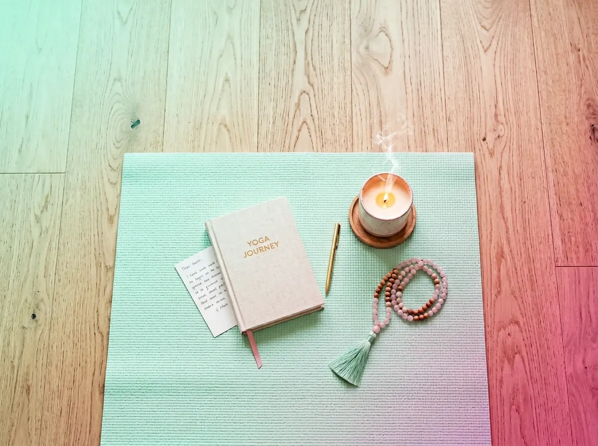 Yoga mat with journal, candle, and mala beads for intention setting