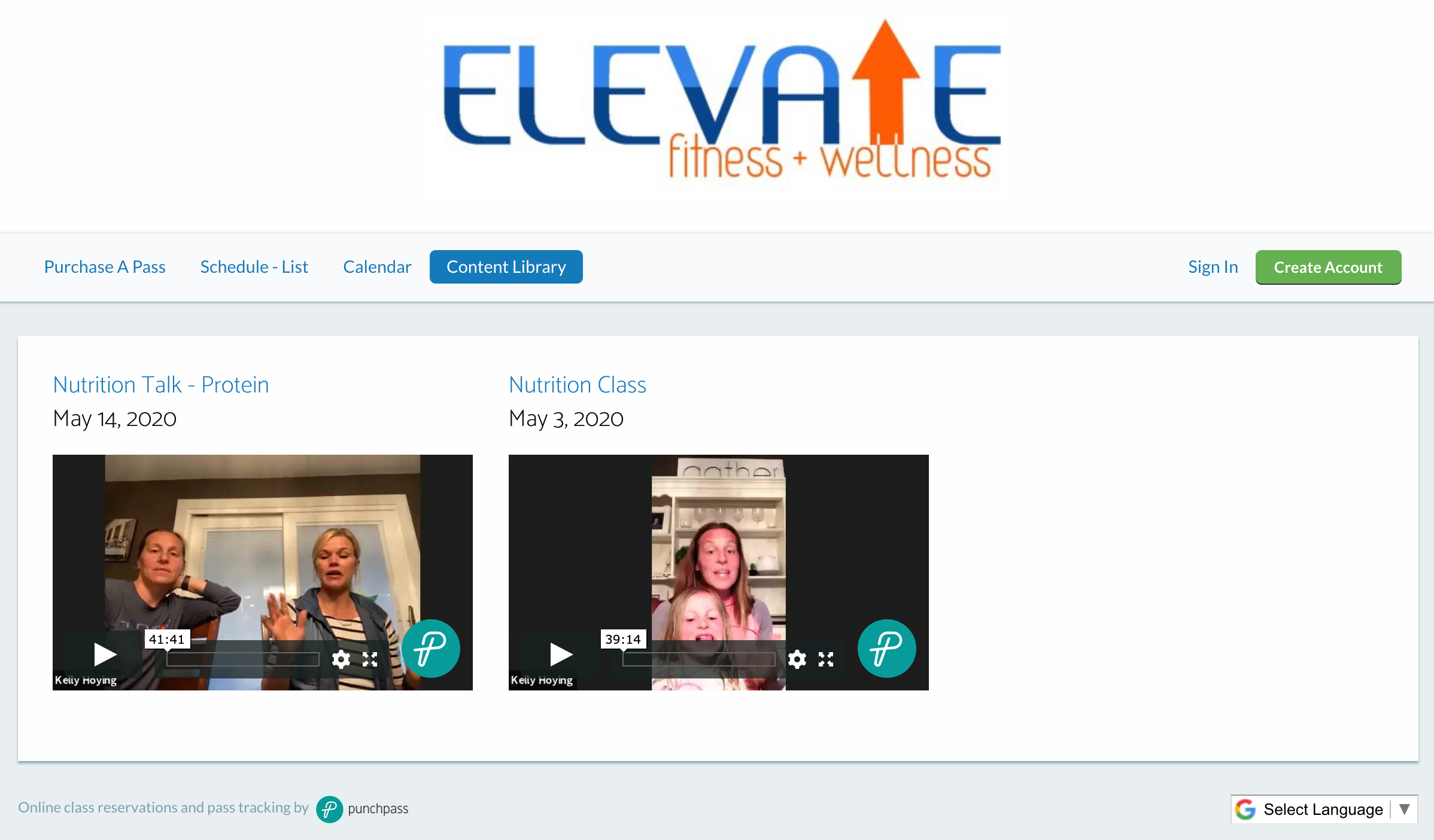 Punchpass client Elevate Fitness & Wellness Content Library